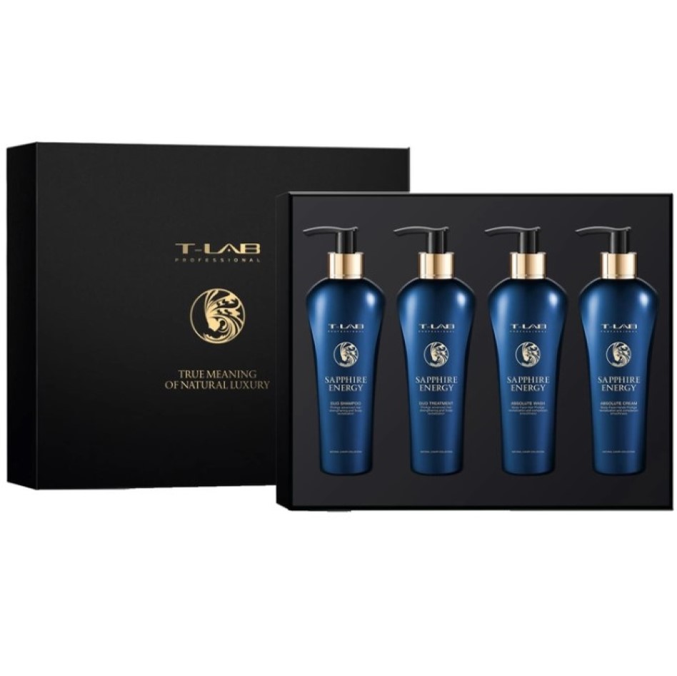 Сет T-LAB Professional Sapphire Energy Magical & Radiant Luxury Gift: шампунь 300 мл + кондиционер 300 мл + шампунь-гель 300 мл + крем 300 мл - фото 1