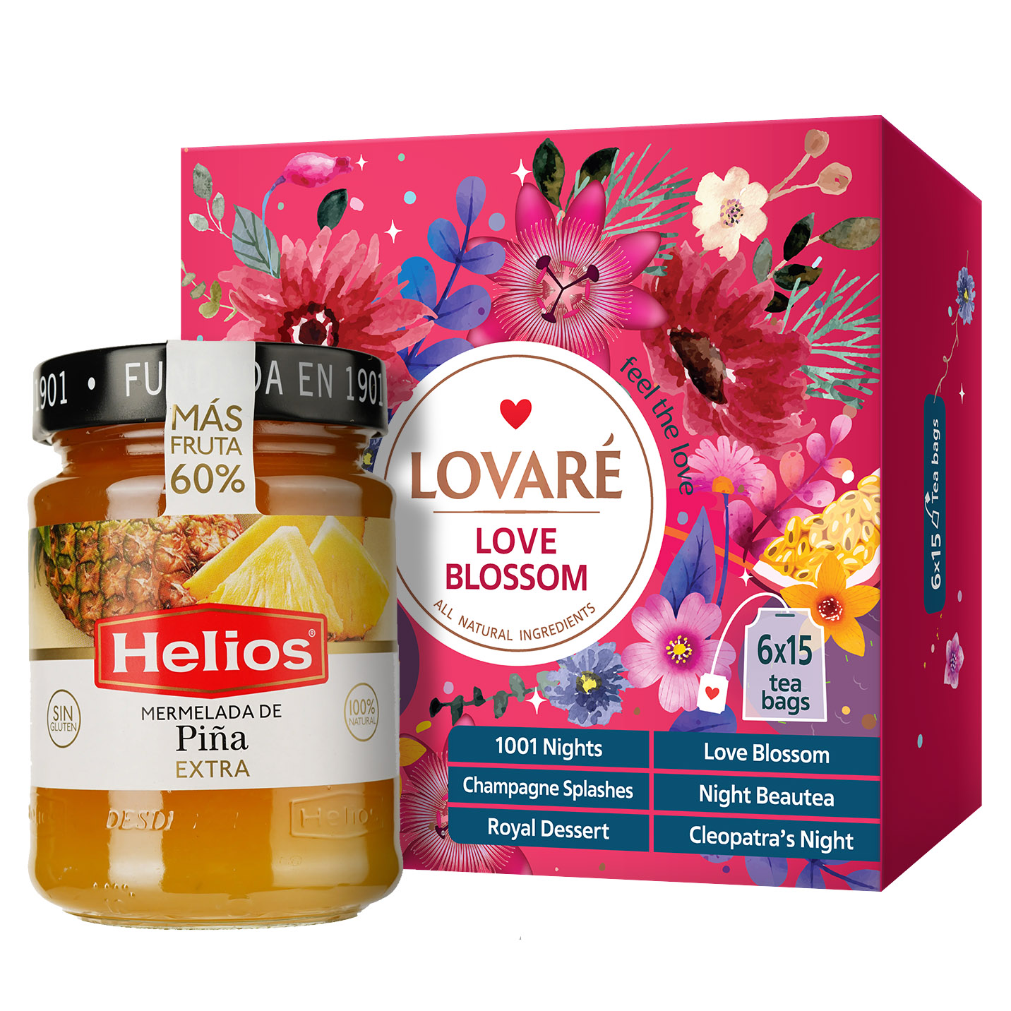 Набор: Чай ассорти Lovare Love Blossom 180 г (90 шт. х 2 г) + Джем Helios из ананасов 340 г - фото 1