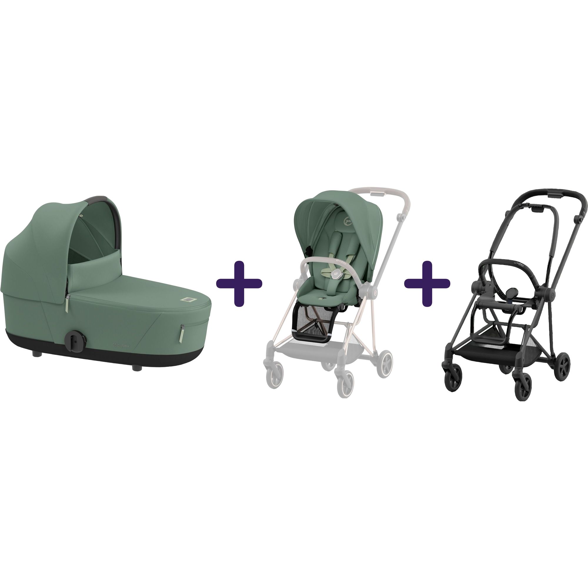 Люлька Cybex Mios Lux Leaf Green + Текстиль для прогулянкового блоку Cybex Mios Leaf Green + Шасі для коляски Cybex Mios LS RBA Matt Black - фото 1