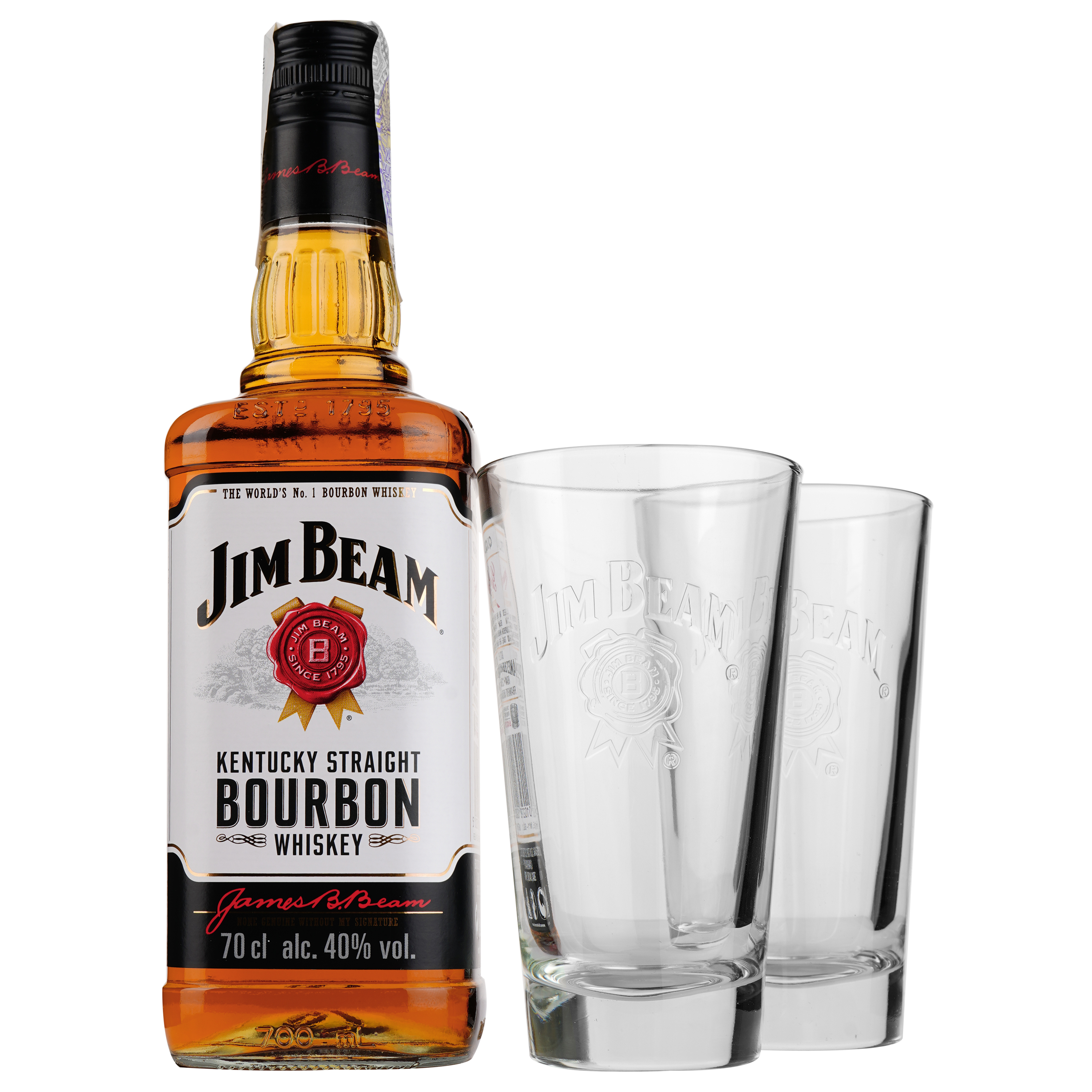 Виски Jim Beam White Kentucky Staright Bourbon Whiskey, 40%, 0,7 л + 2 стакана Хайболл - фото 1