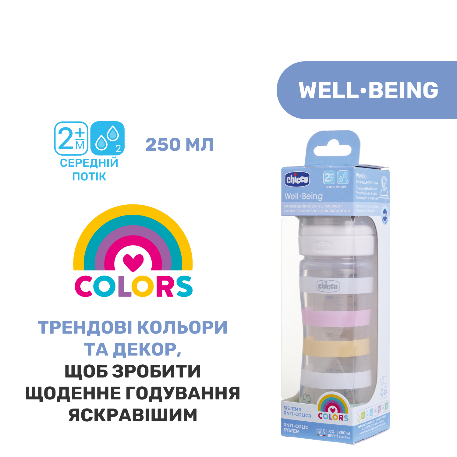 Пляшечка для годування Chicco Well-Being Colors, з силіконовою соскою 2м+, 250 мл, рожева (28623.11) - фото 8