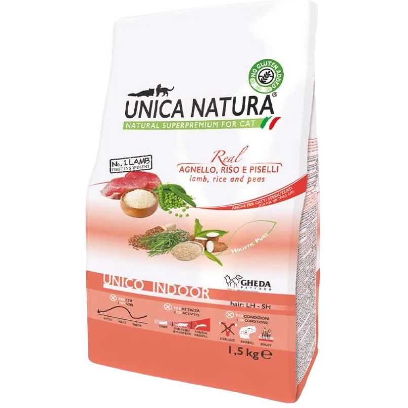 Сухой корм для кошек Unica Natura Indoor ягненок с рисом и горохом 1.5 кг - фото 1