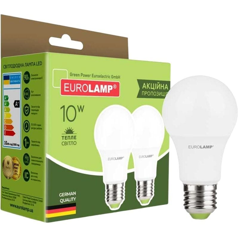 Светодиодная лампа Eurolamp LED, A60, 10W, E27, 3000K, 2 шт. (MLP-LED-A60-10272(E)) - фото 1
