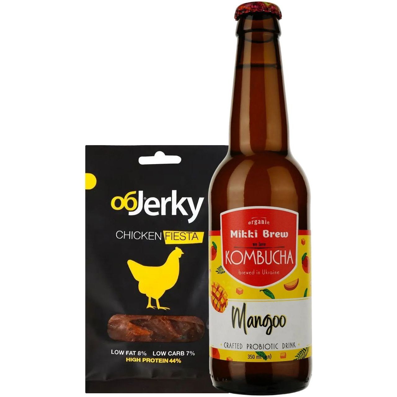 Набор: курятина Objerky Фиеста вяленая 25 г + напиток Mikki Brew Kombucha Mangoo 0.35 л - фото 1