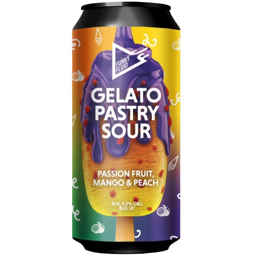 Пиво Funky Fluid Gelato Passion fruit, Mango & Peach полутемное 5.8% 0.5 л ж/б - фото 1
