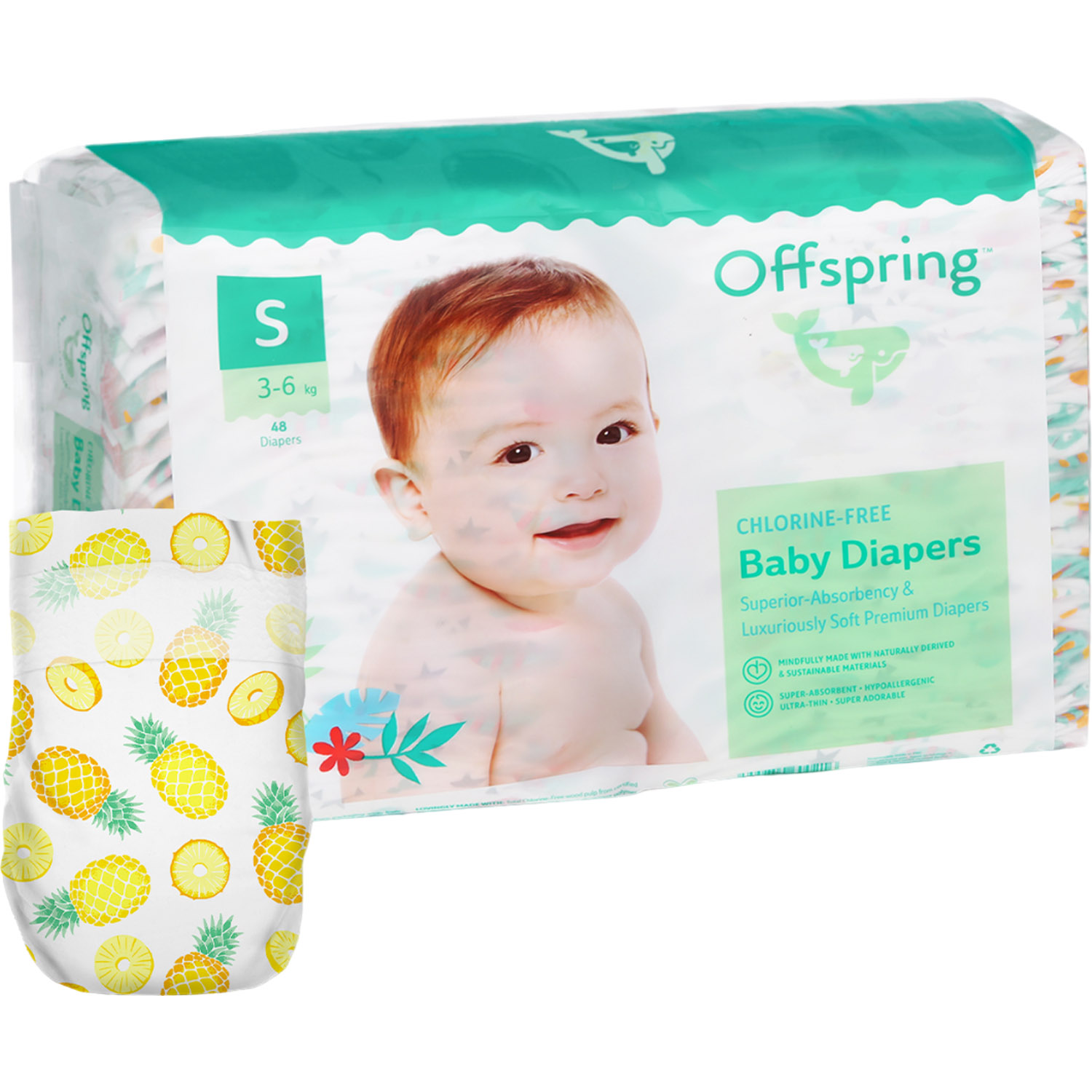 Підгузки Offspring Pineapple розмір S (3-6 кг) 48 шт. (DP-OI-FAT-S48P-PHP) - фото 1