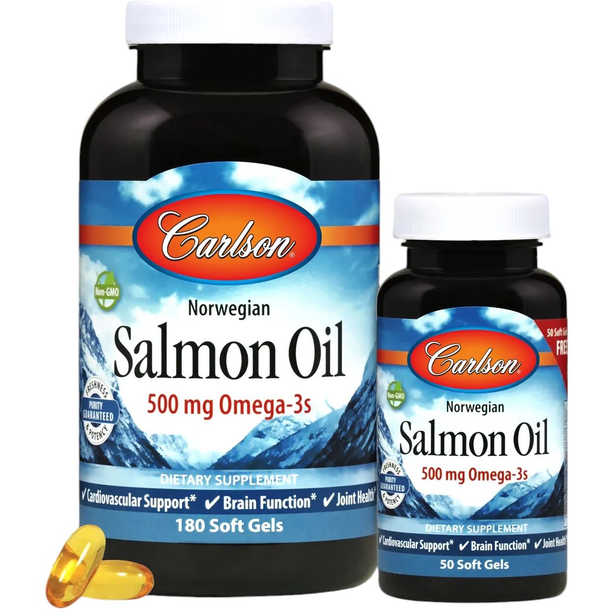 Норвежский лососевый жир Carlson Norwegian Salmon Oil 500 мг 180+50 желатиновых капсул - фото 1