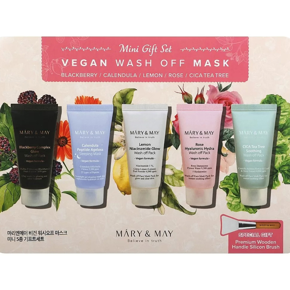 Набір глиняних масок Mary&May Vegan Wash off MasK Mini Gift Set 5 шт. по 30 г + щітка (BT20411) - фото 1