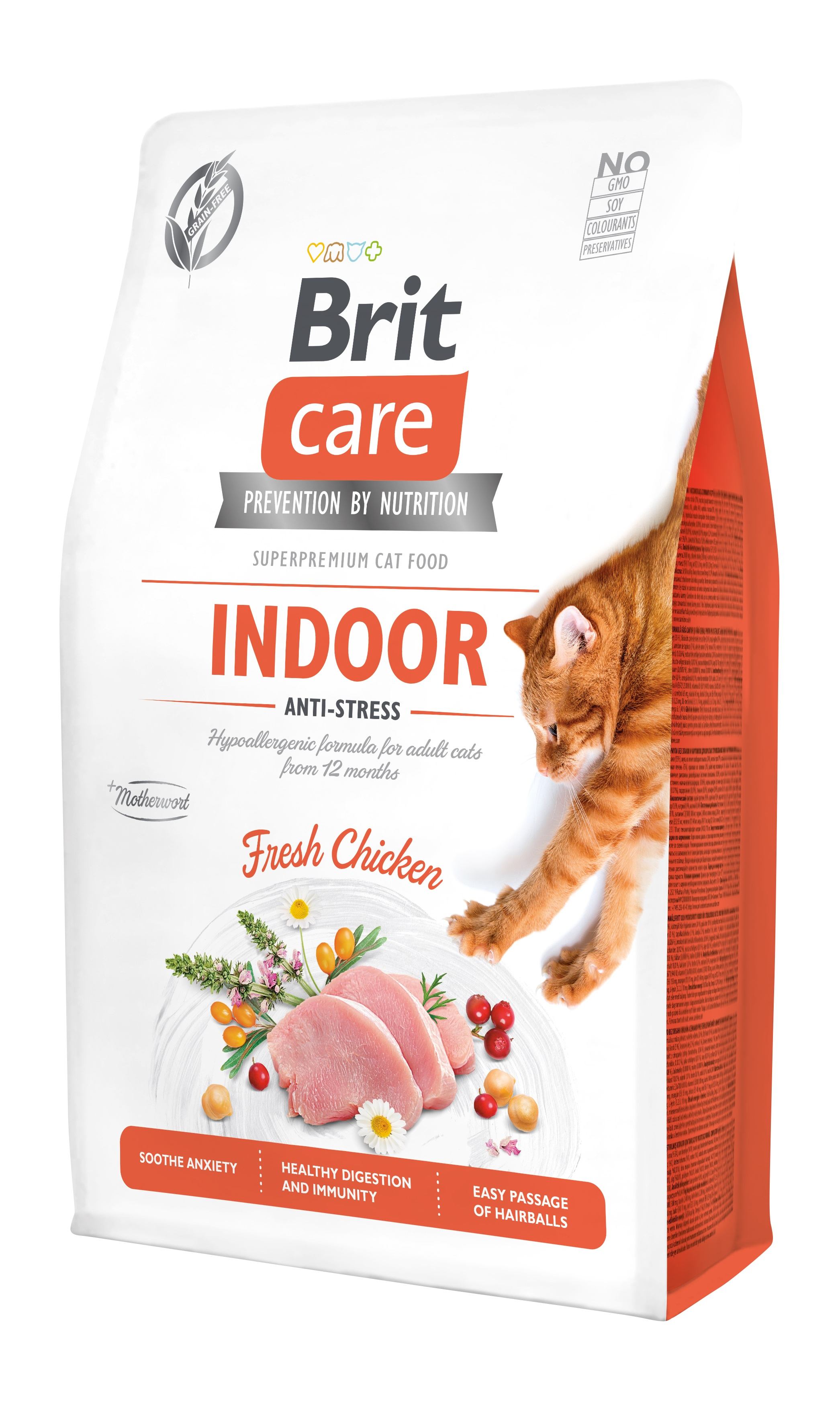 Беззерновой сухой корм для кошек живущих в помещении Brit Care Cat GF Indoor Anti-stress, с курицей, 2 кг - фото 1