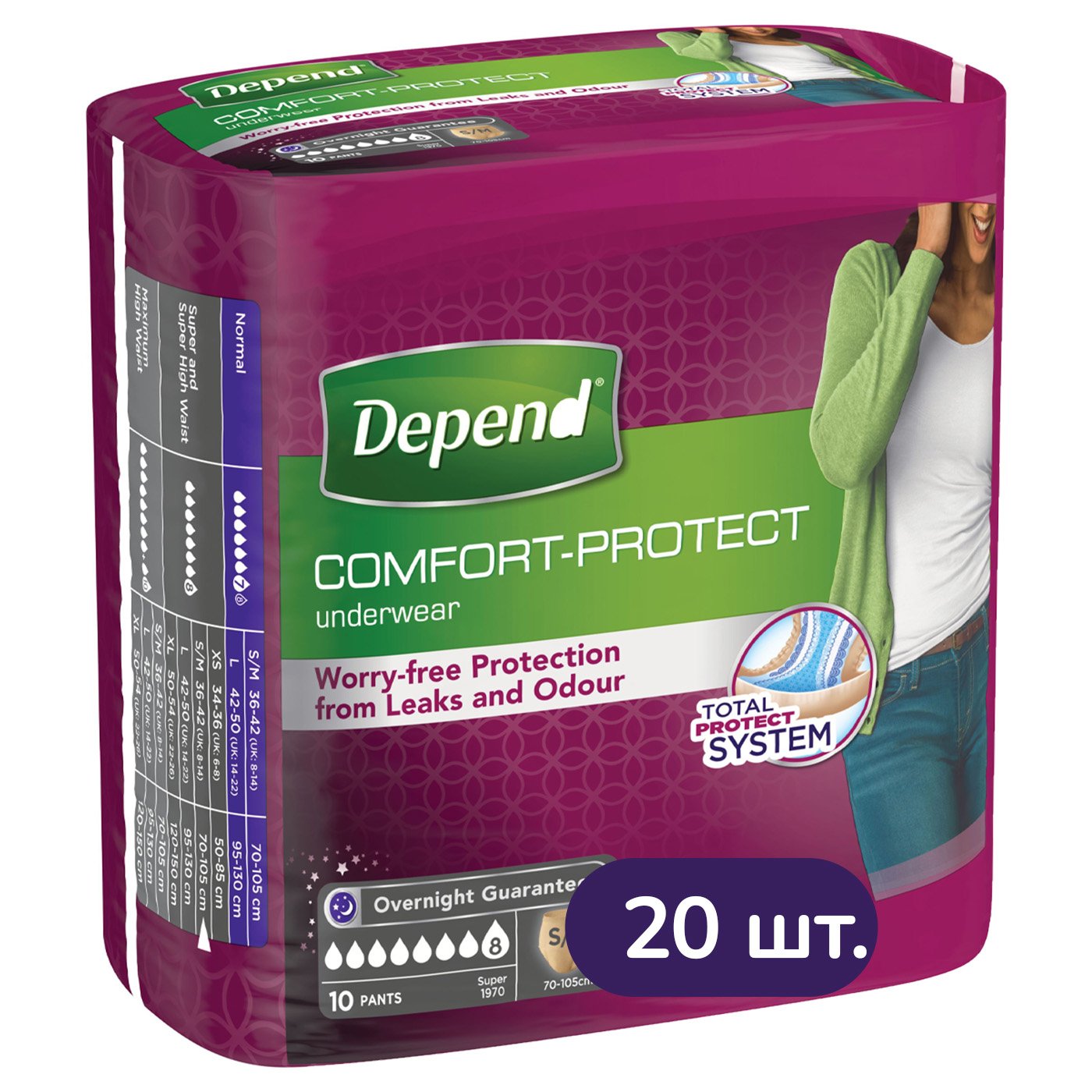 Поглинаюча спідня білизна Depend для жінок розмір S/M 20 шт. (2 уп. x 10 шт.) - фото 1