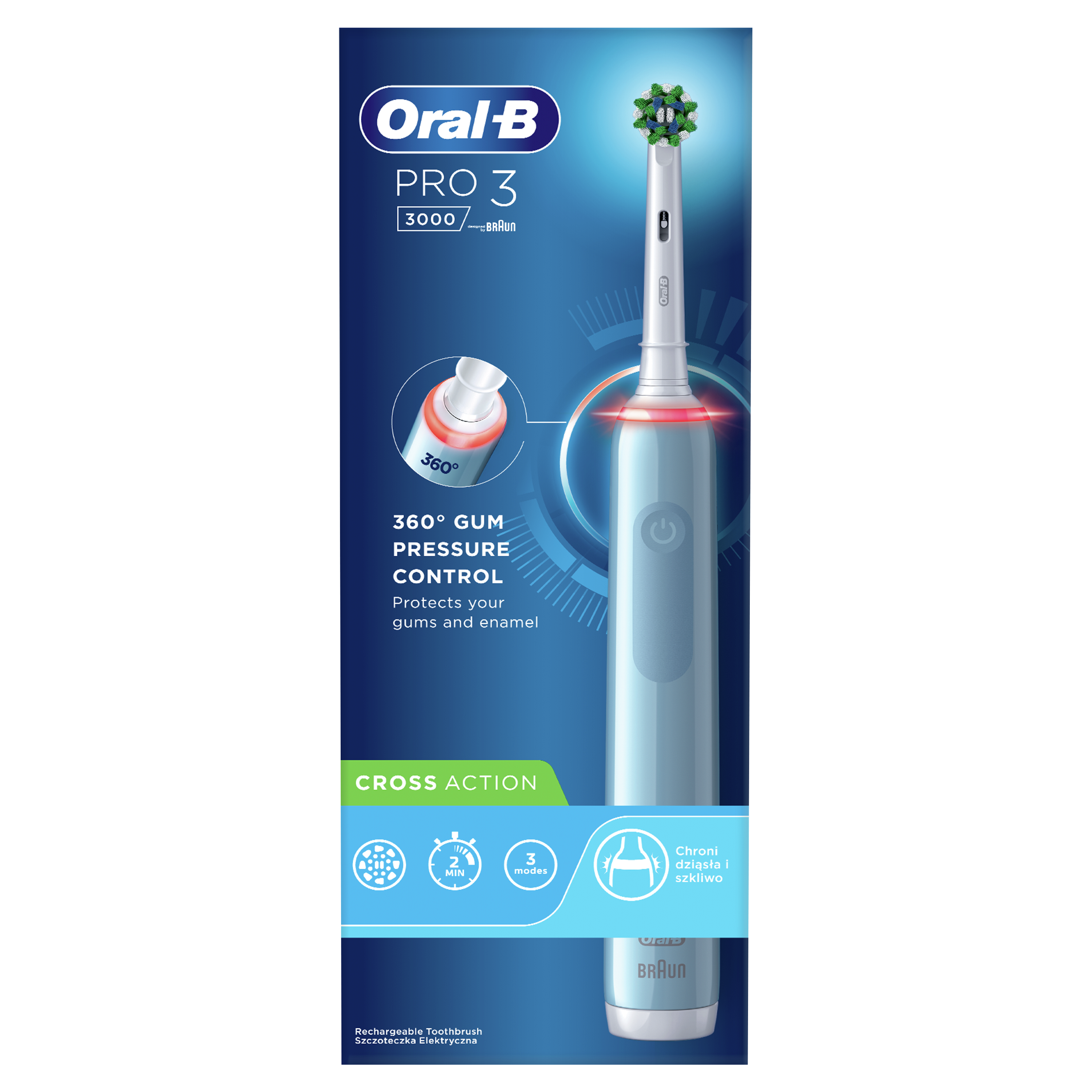 Электрическая зубная щётка Oral-B Pro 3 3000 СrossAсtion, синяя - фото 2