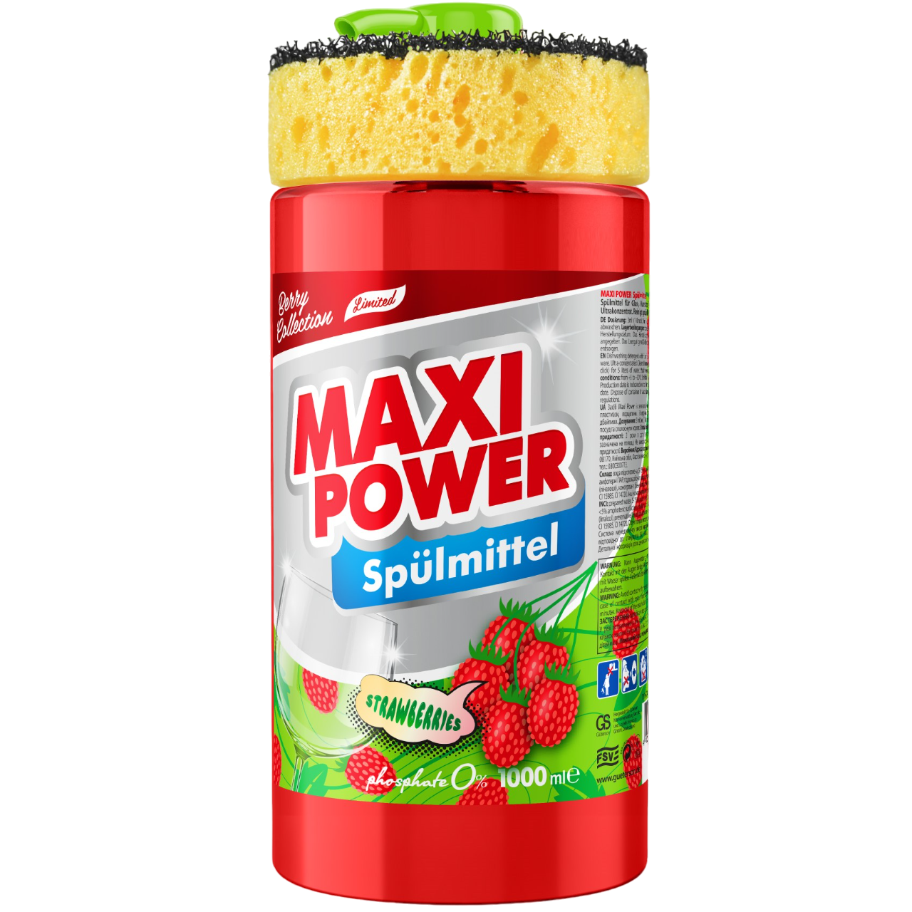 Средство для мытья посуды Maxi Power Земляника с губкой 1 л - фото 1