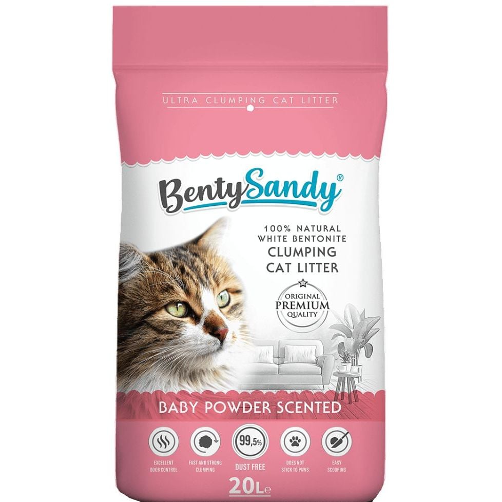 Наполнитель для кошачьего туалета Benty Sandy Baby Powder Scented бентонитовый с ароматом детской присыпки цветные гранулы 20 л - фото 1