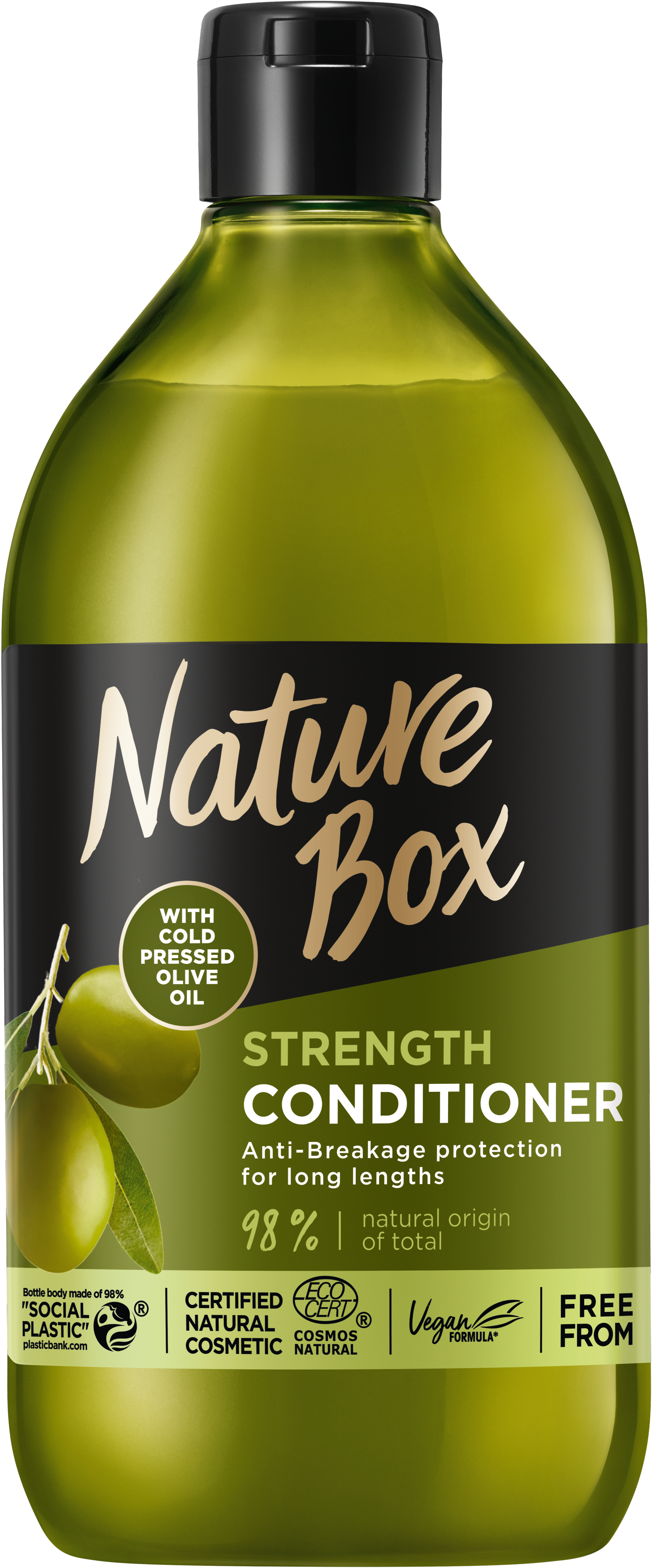 Бальзам Nature Box для зміцнення довгого волосся та протидії ламкості, з оливковою олією холодного віджиму, 385 мл - фото 1