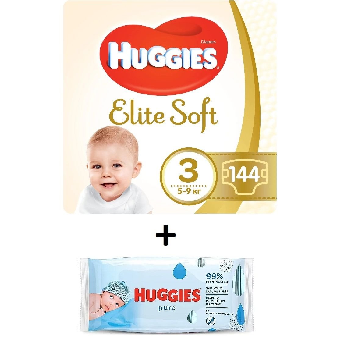 Набір Huggies: Підгузки Huggies Elite Soft 3 (5-9 кг), 144 шт. + Вологі серветки Huggies Pure, 56 шт. - фото 1