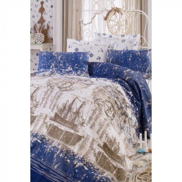 Комплект постільної білизни Eponj Home Pike Pusula K.Mavi, ранфорс, євростандарт, блакитний, 4 предмети (2000008472500) - фото 1