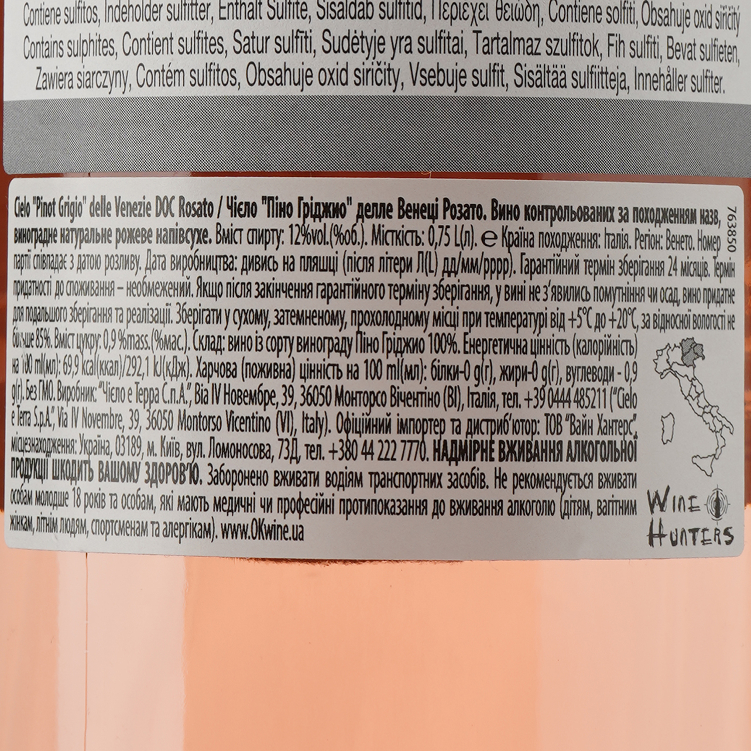 Вино Cielo e Terra Pinot Grigio Blush Rosato delle Venezia DOC, розовое, полусухое, 12%, 0,75 л - фото 3