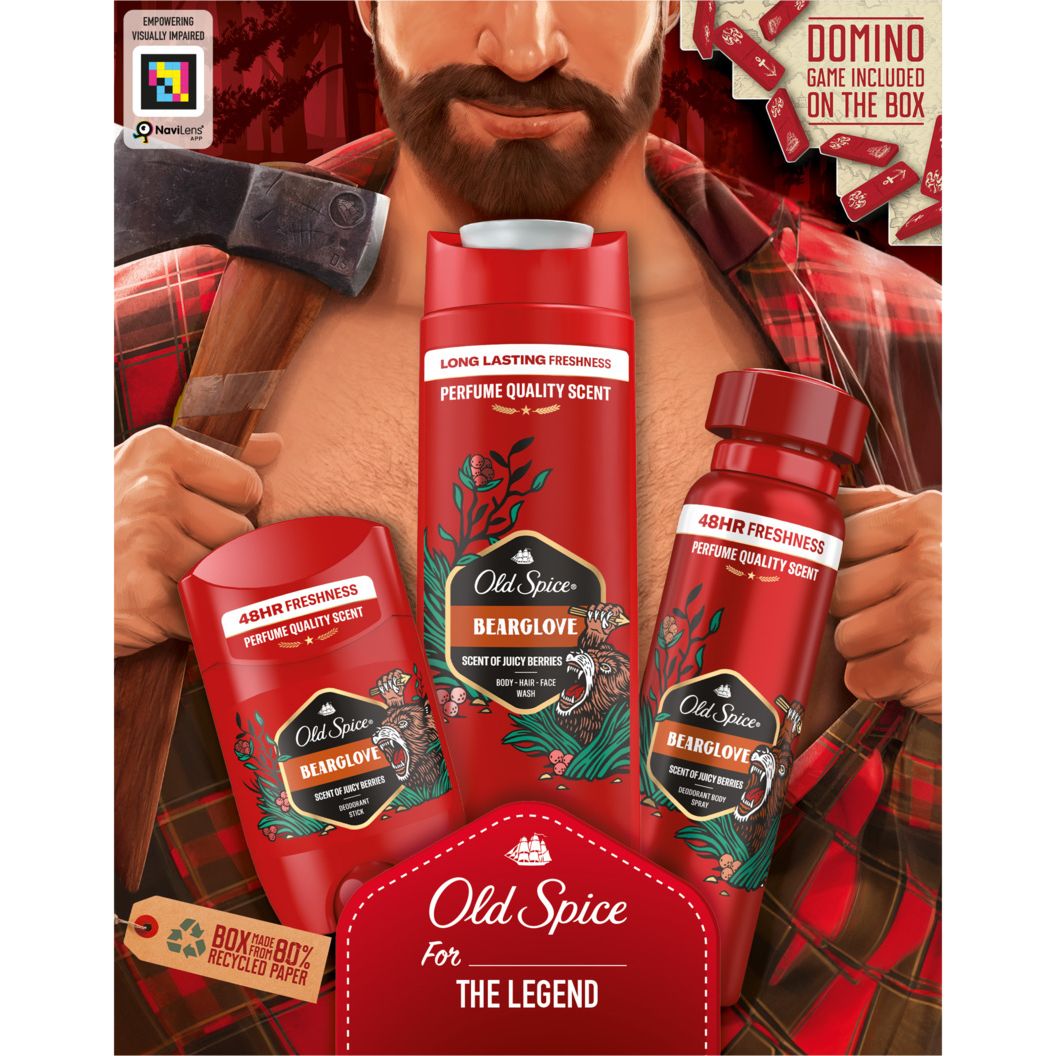 Подарочный набор Old Spice Lumberjack: Аэрозольный дезодорант 150 мл + Дезодорант-стик 50 мл + Гель для душа 3 в 1 Bearglove 250 мл - фото 4