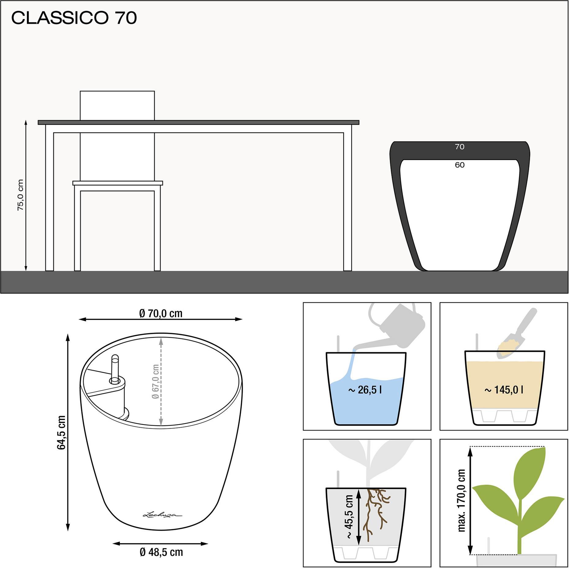 Вазон Lechuza Classico Premium All-in-One 70 70х65 см антрацит (14663) - фото 2