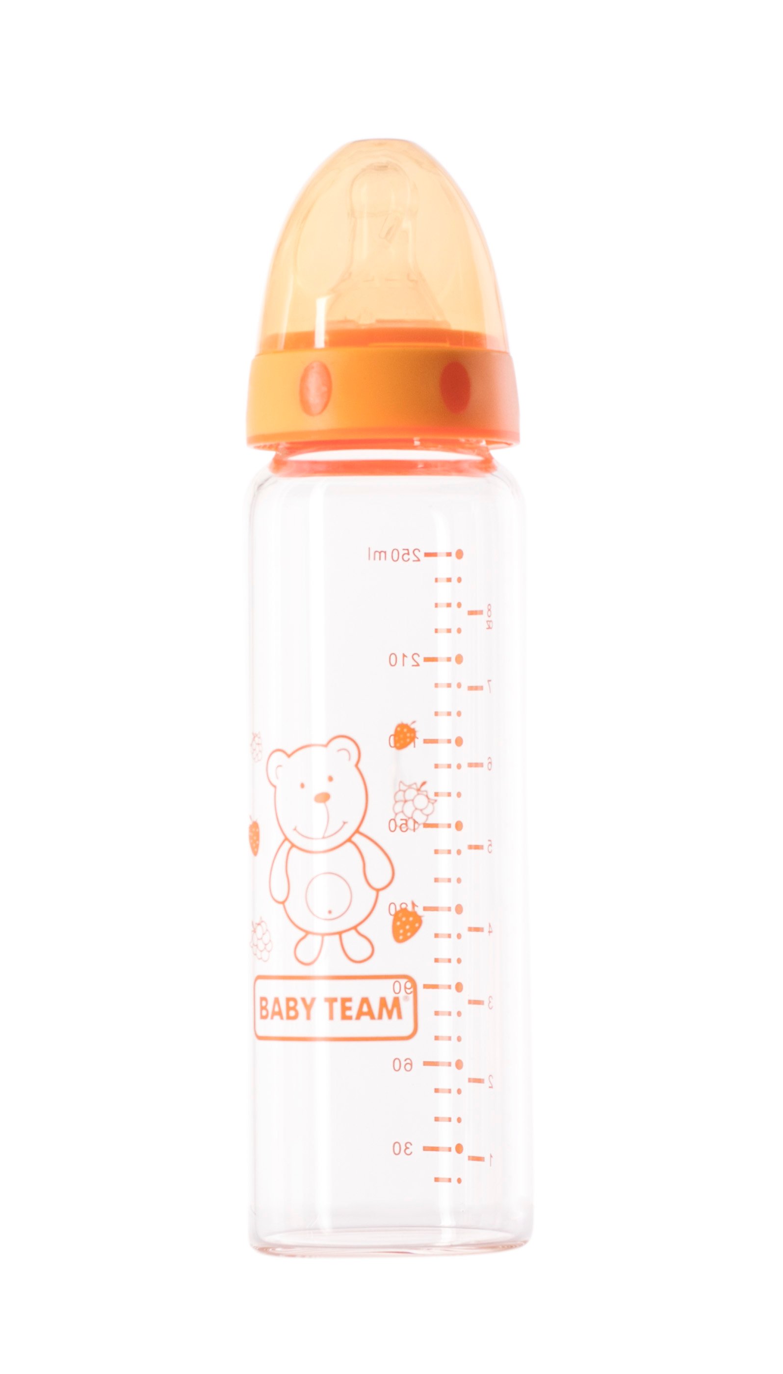 Бутылочка для кормления Baby Team, стеклянная с силиконовой соской, 250 мл оранжевый (1201_оранжевый) - фото 1