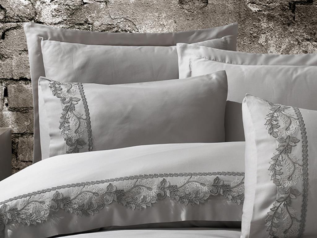 Комплект постельного белья Dantela Vita Inci gri сатин с кружевом евро серый (svt-2000022308649) - фото 3