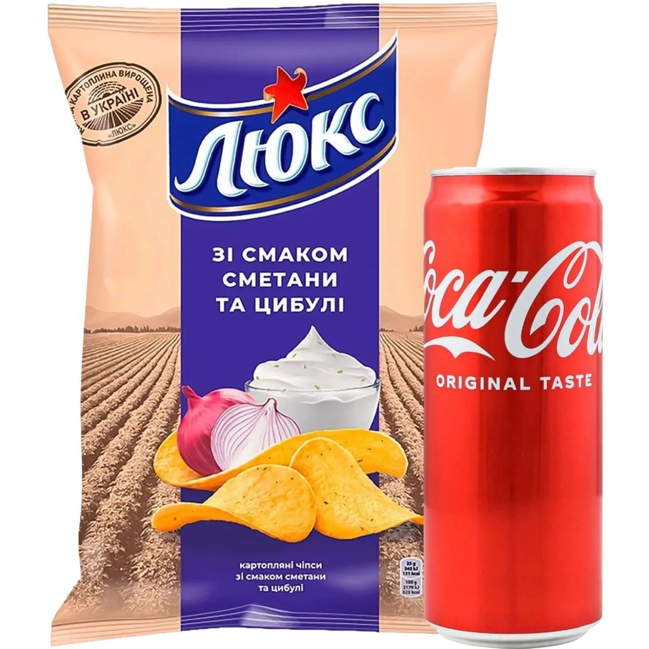 Набір: чипси Люкс зі смаком сметани та цибулі 133 г + напій Coca-Cola Original Taste сильногазований 0.33 л - фото 1