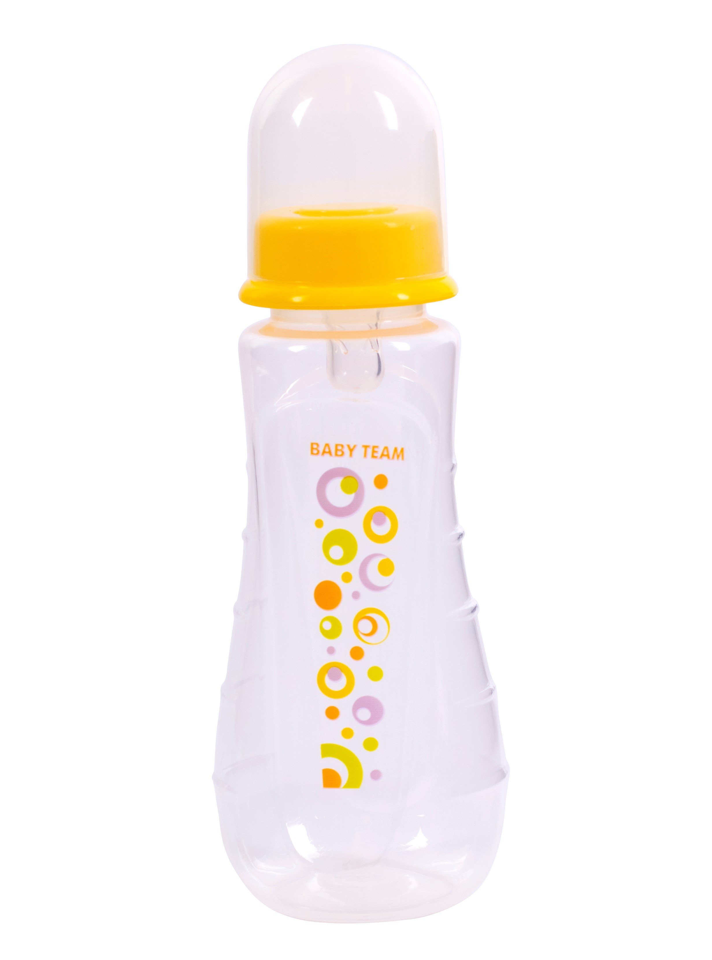 Пляшечка для годування Baby Team, ергономічної форми з силіконової соскою, 250 мл, жовтий (1412_желтая) - фото 1