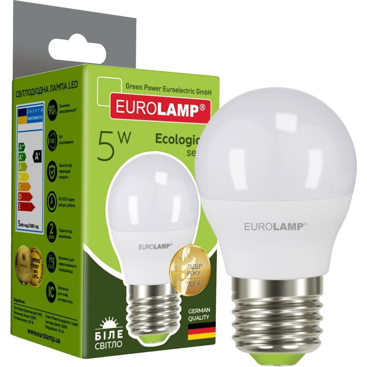 Светодиодная лампа Eurolamp LED Ecological Series, G45, 5W, E27, 4000K (LED-G45-05274(P)) - фото 1