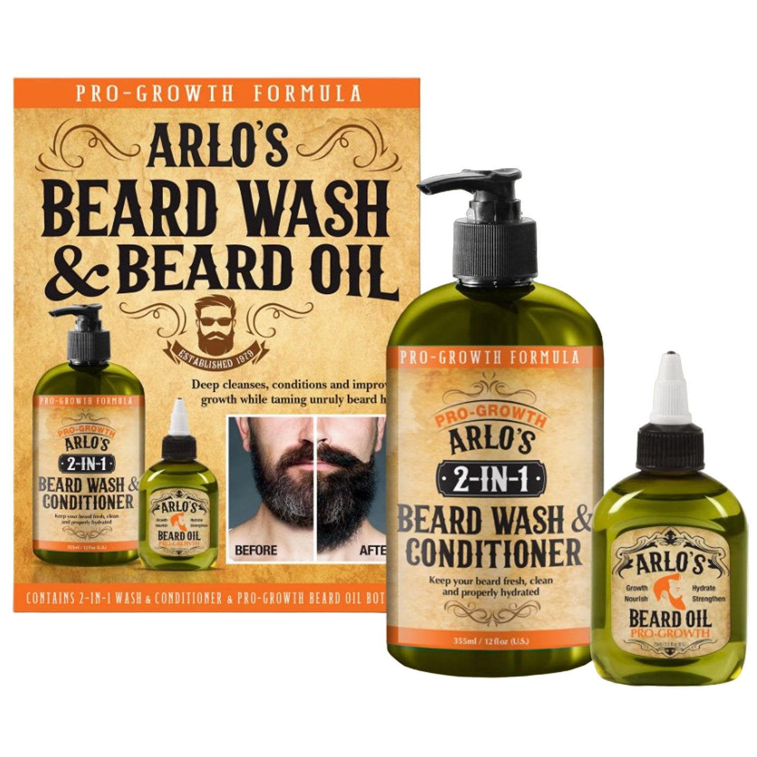 Набор для ухода за бородой Arlo's Pro Growth Formula: 2-in-1 Beard Wash and Conditioner 355 мл + Beard Oil 75 мл - фото 1