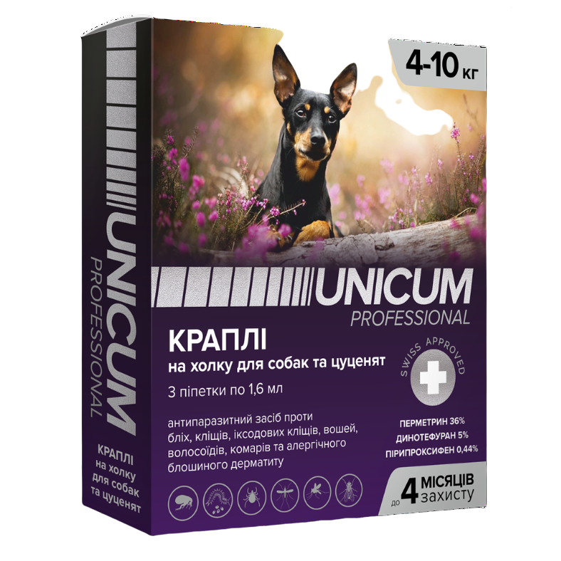 Капли Unicum PRO от блох и клещей на холку для собак от 4 кг до 10 кг, 3 пипетки (UN-089) - фото 1