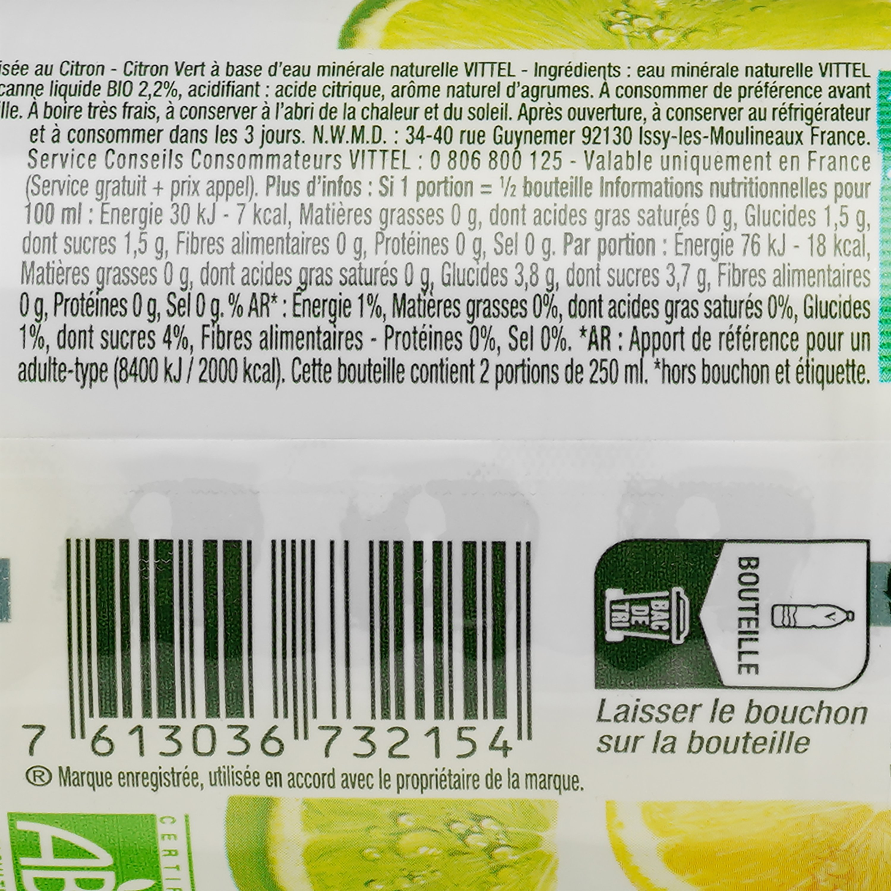 Минеральная вода Vittel Up Bio со вкусом лимона и лайма негазированная 0.5 л (895896) - фото 3