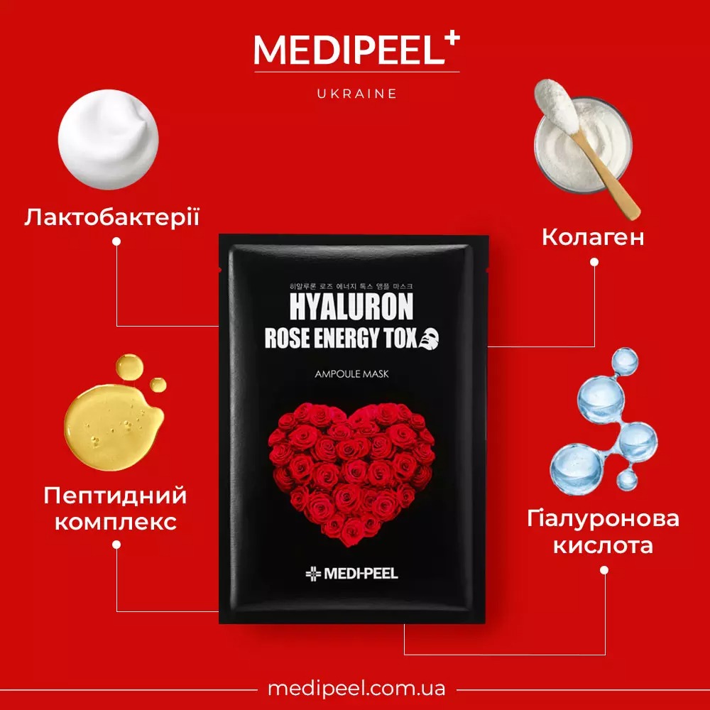 Тканинна маска-детокс Medi-Peel Hyaluron Rose Energy Tox Ampoule Mask з екстрактом троянди 30 мл - фото 2