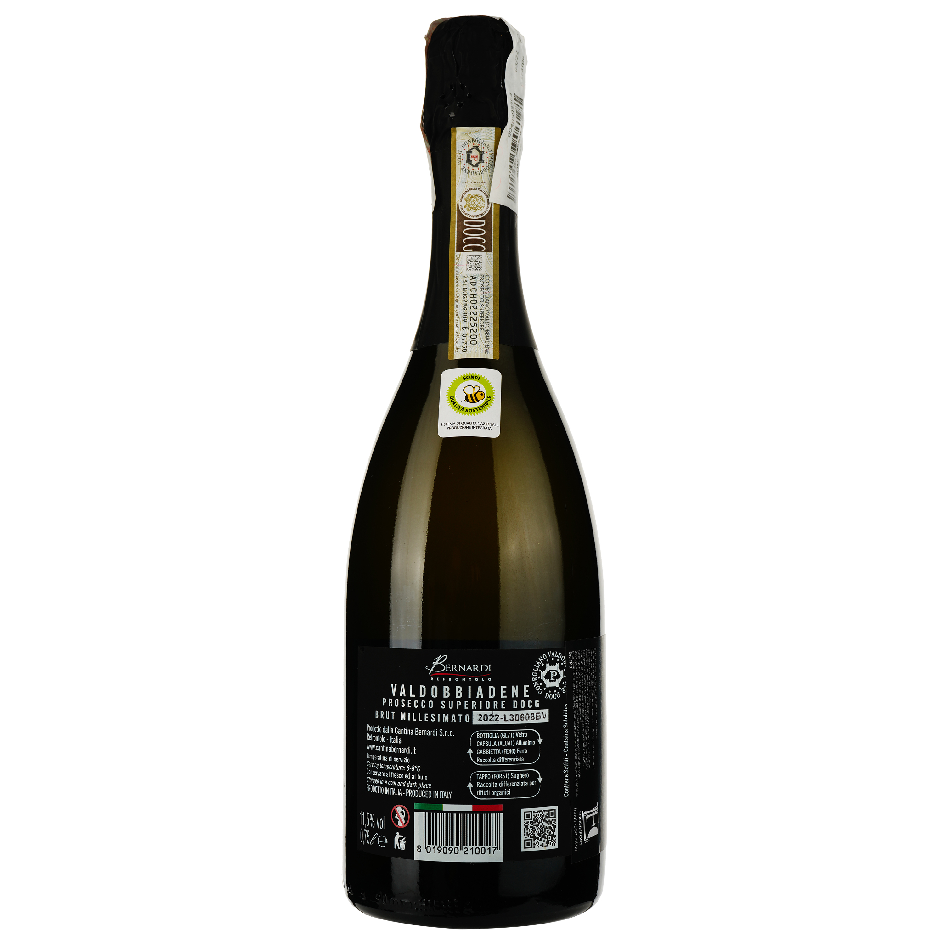Ігристе вино Bernardi Prosecco Valdobbiadene Superiore DOCG Millesimato Brut, біле, брют, 0.75 л - фото 2