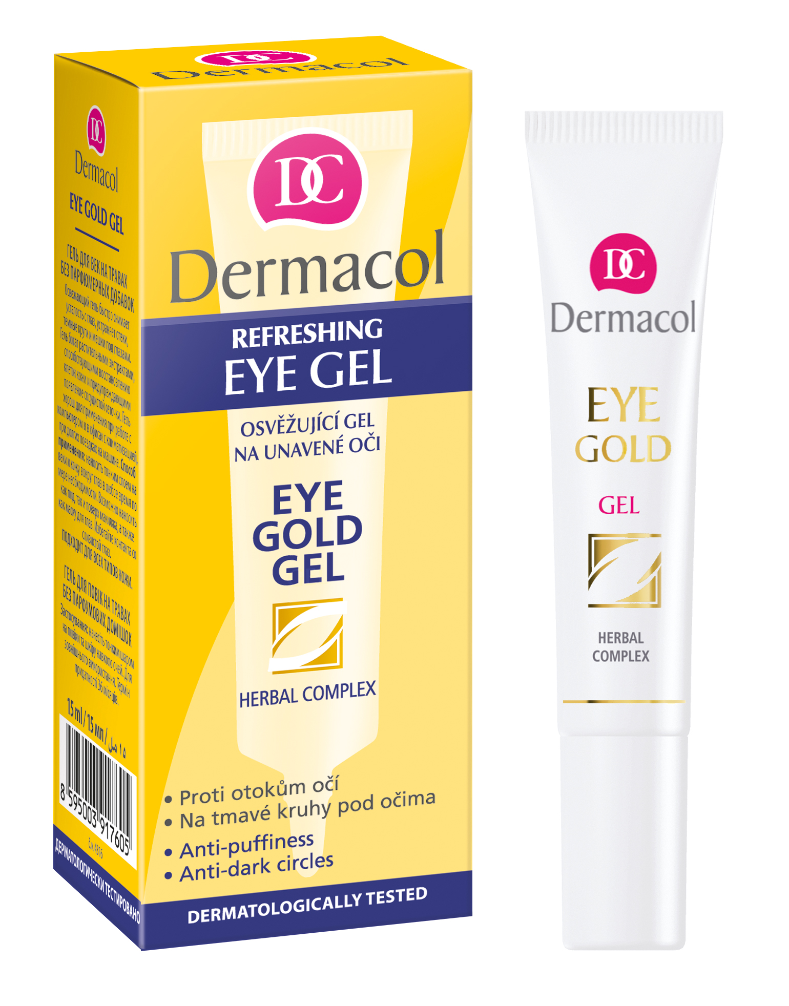 Гель для повік проти набряків та темних кіл під очима Dermacol Refreshing Eye Gold Gel, 15 мл - фото 1