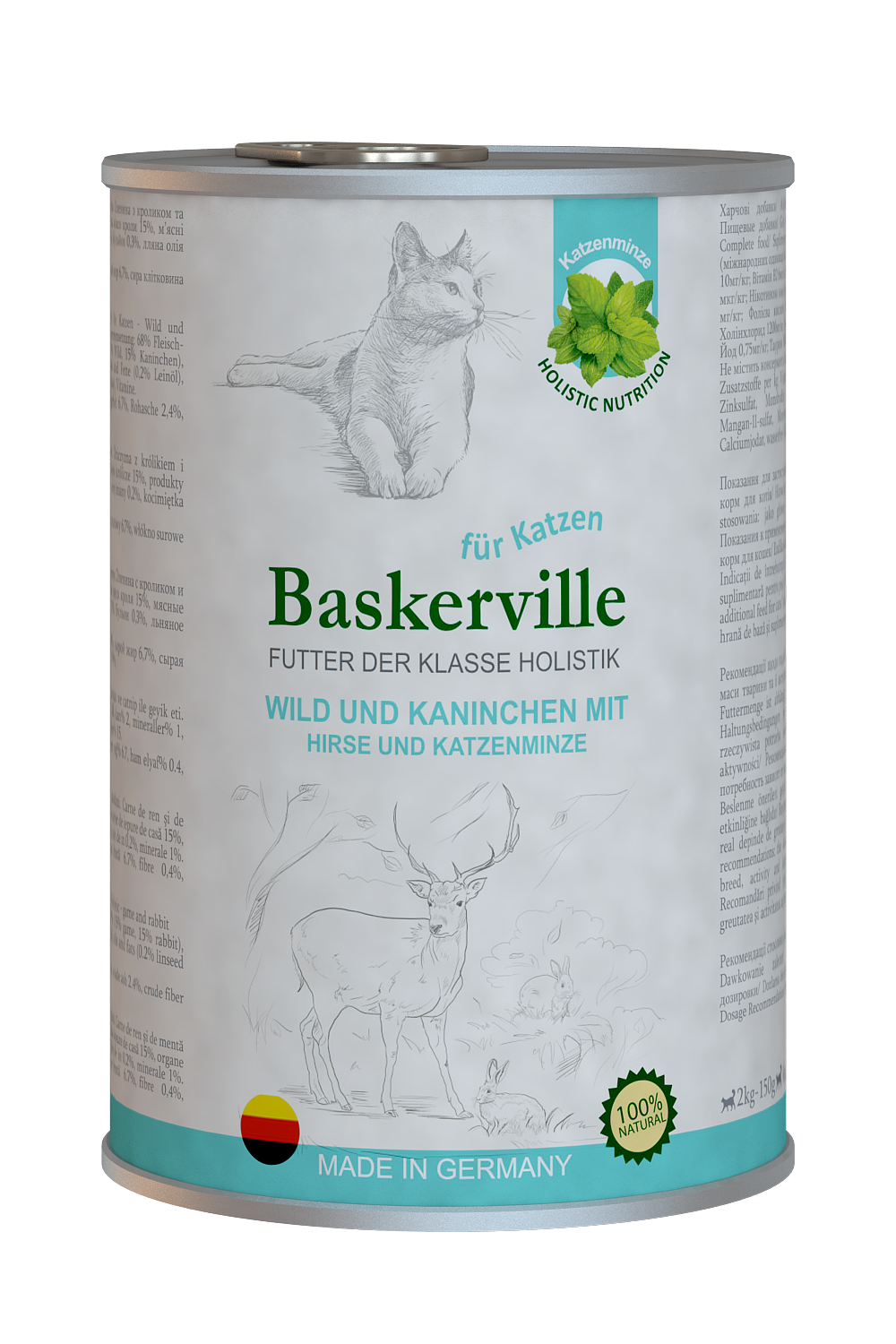 Влажный корм для кошек Baskerville Holistic Wild und Kaninchen Оленина с кроликом и кошачьей мятой, 400 г - фото 1