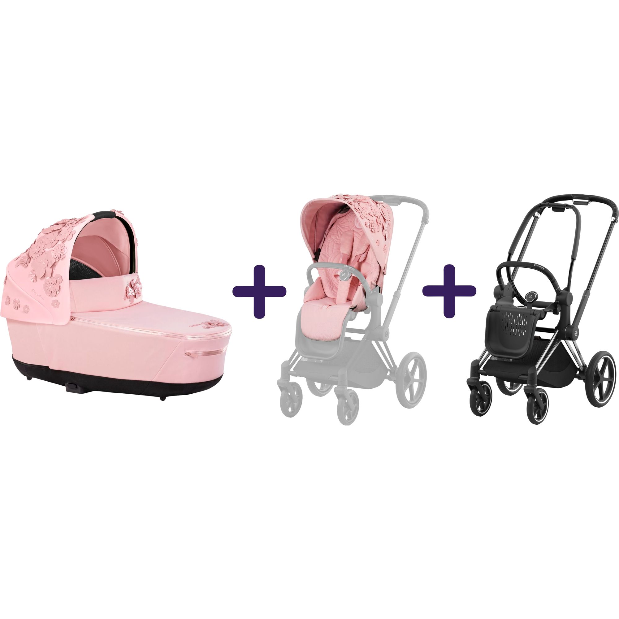 Люлька Cybex Priam Lux Simply flowers pink + Комплект текстилю Cybex Priam Simply flowers pink + Шасі Cybex Priam з каркасом LS RBA Chrome Black - фото 1