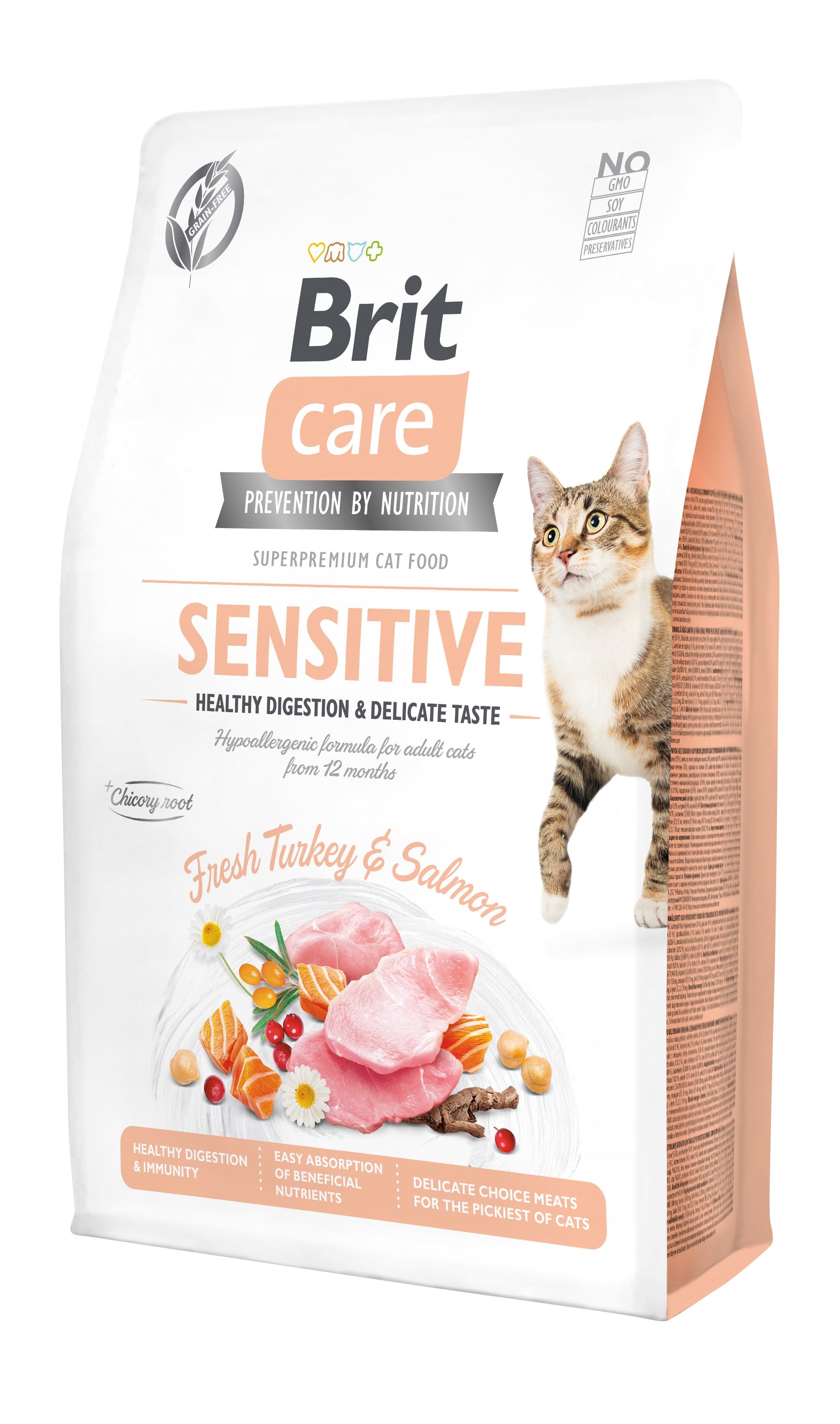 Беззерновой сухой корм для кошек с чувствительным пищеварением Brit Care Cat GF Sensitive Digestion&Delicate Taste, со свежей индейкой и лососем, 2 кг - фото 1