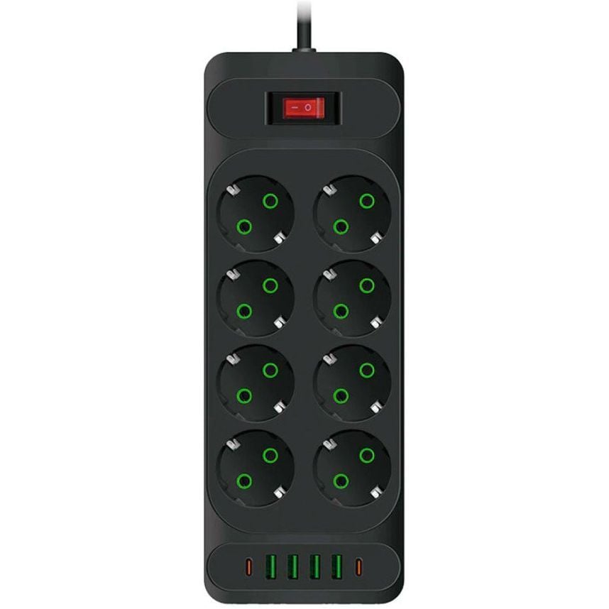 Сетевой фильтр-удлинитель Voltronic F34U 8 розеток EU+4xUSB+2xPD 2 м 3х0.75 мм 2500W Black - фото 1