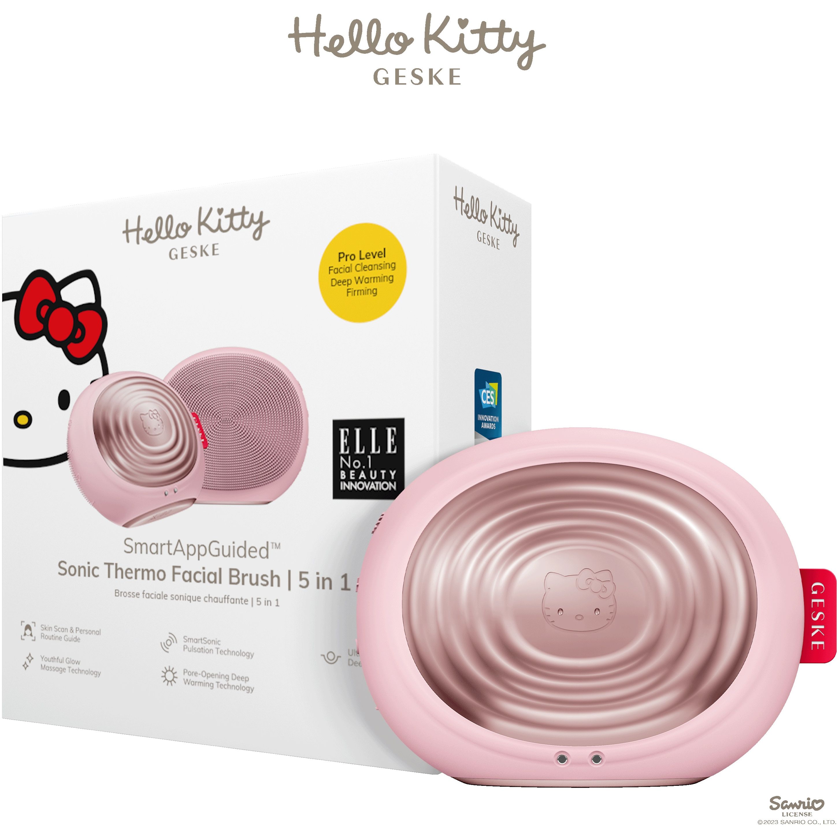 Электронная звуковая термо щетка для лица GESKE Sonic Thermo Facial Brush 5 в 1 by Hello Kitty розовая - фото 1