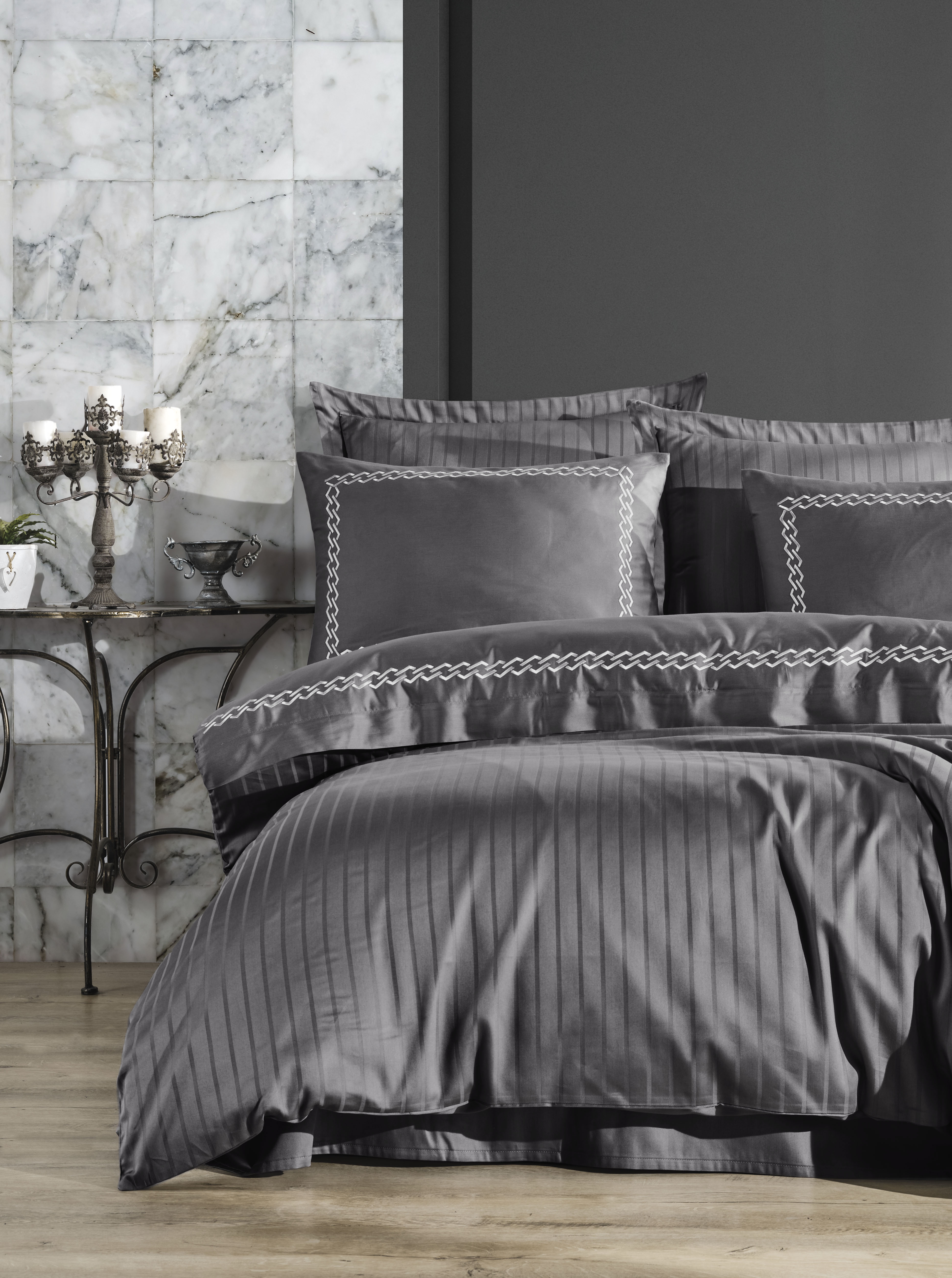 Комплект постельного белья Dantela Vita Nuans gri сатин с вышивкой евро серый (svt-2000022321518) - фото 2