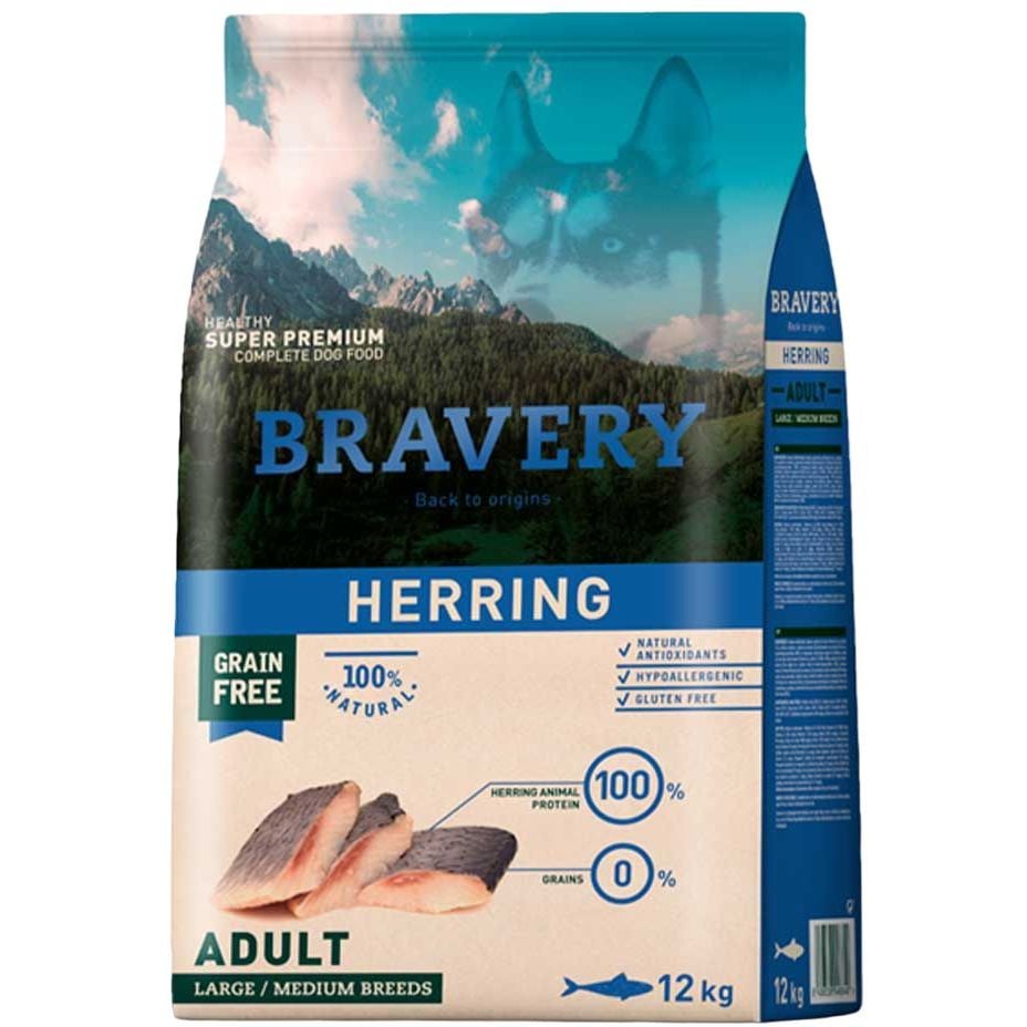 Сухий корм для дорослих собак середніх та великих порід Bravery Herring Large Medium Adult, з оселедцем, 12 кг - фото 1