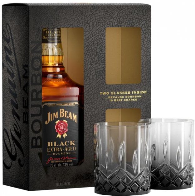 Виски Jim Beam Black Extra Aged Kentucky Staright Bourbon Whiskey, 43%, 0,7 л + 2 стакана - фото 1