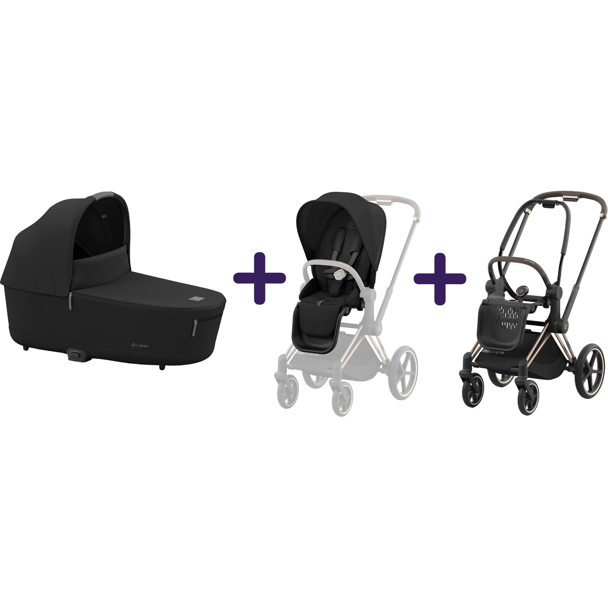 Люлька Cybex Priam Lux Sepia Black + Текстиль для прогулочного блока Cybex Priam Sepia Black + Шасси Cybex Priam с каркасом LS RBA Rosegold - фото 1