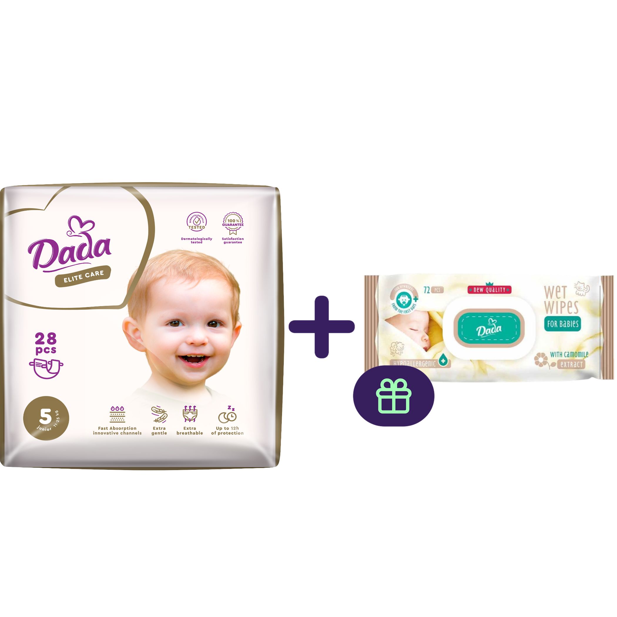 Набор: Подгузники Dada Elite Care Junior 5 (11-25 кг) 28 шт. + Детские влажные салфетки Dada с ромашкой гипоаллергенные с клапаном 72 шт. - фото 1