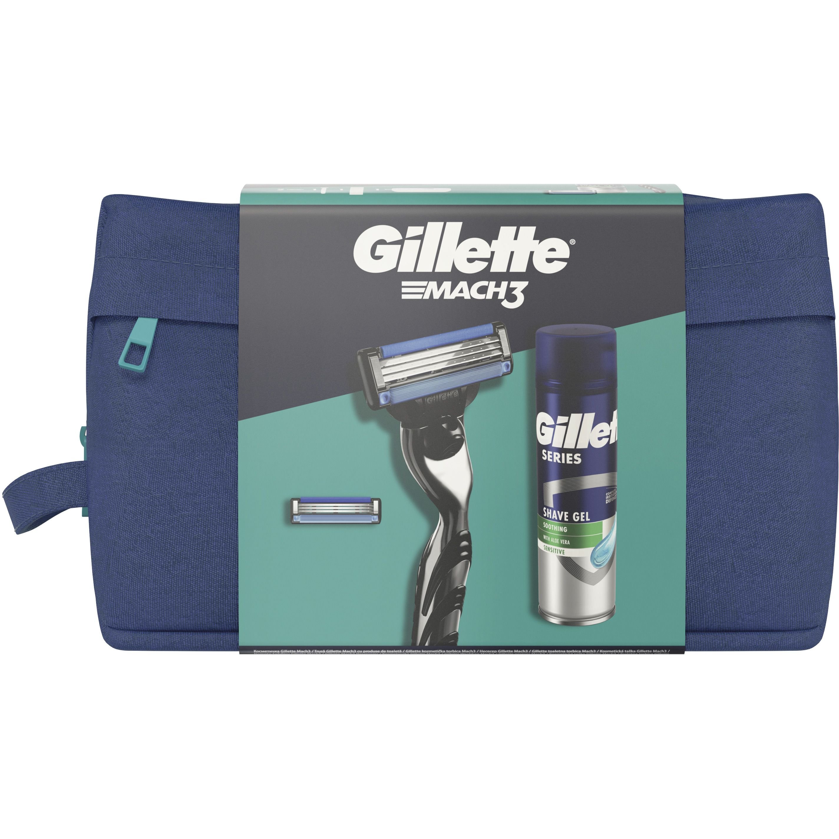 Подарунковий набір для чоловіків Gillette Mach3: бритва + змінні катріджі для гоління 2 шт. + гель для гоління + косметичка - фото 2