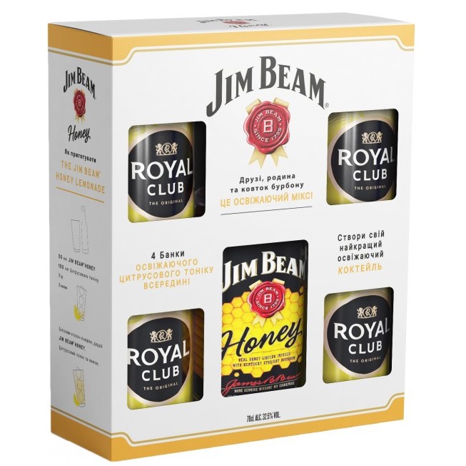 Віскі-Лікер Jim Beam Honey, 32,5%, 0,7 л + 4 Royal Club Bitter Lemon, 0,33 л - фото 1