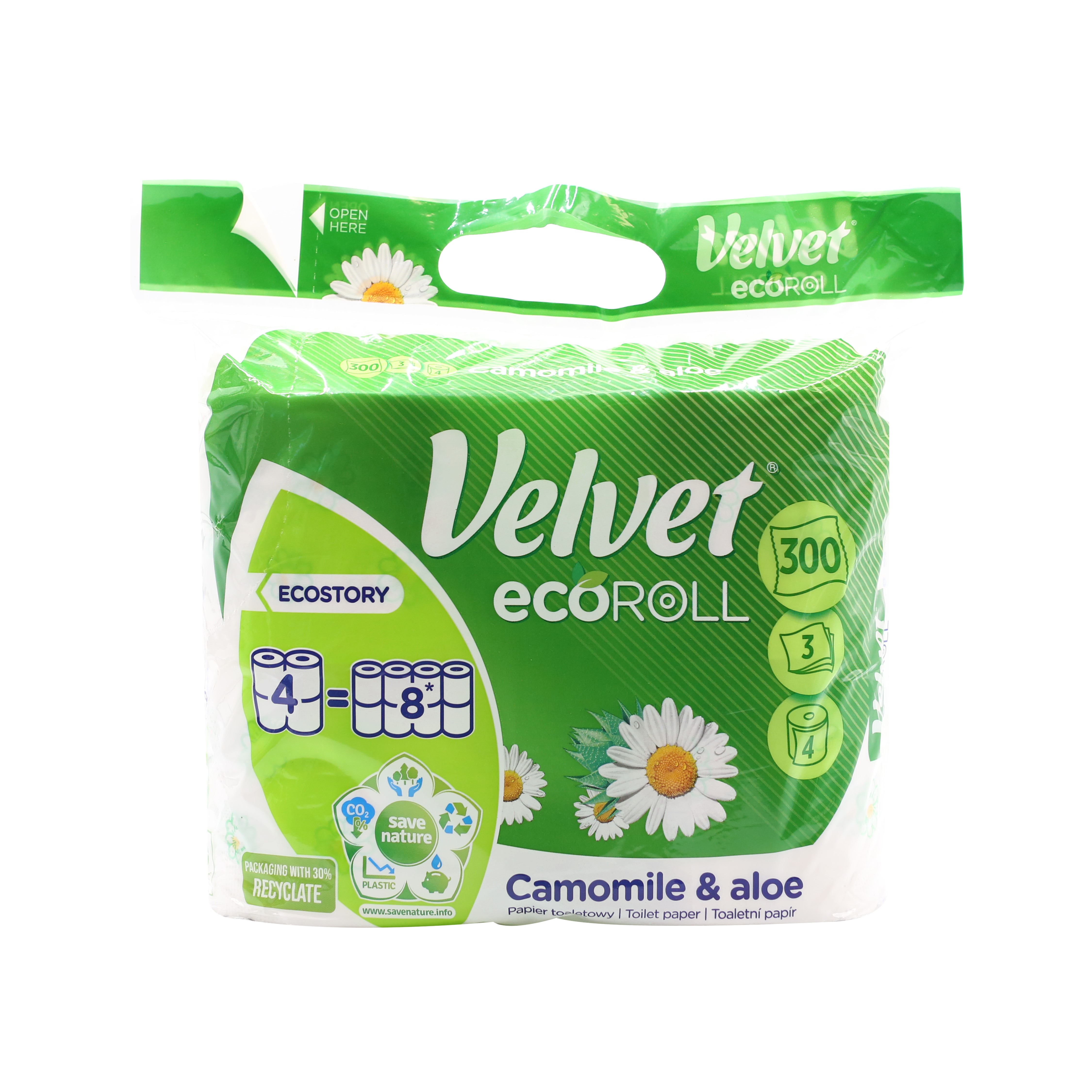 Туалетний папір Velvet Camomile&Aloe Eco Roll, 300 відривів, 4 рулони - фото 1