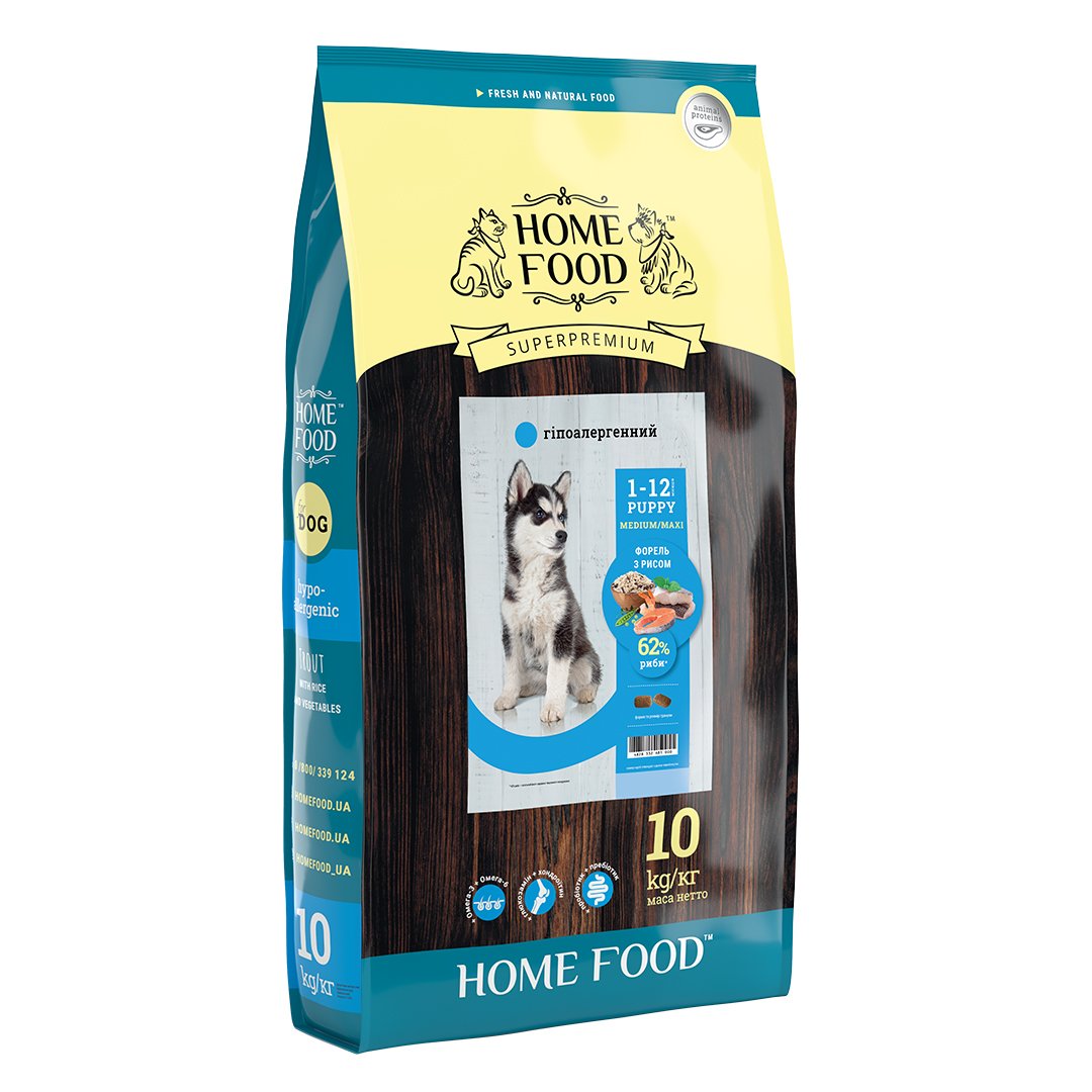 Гипоаллергенный сухой корм для щенков средних и больших пород Home Food Puppy Medium&Maxi, с форелью и рисом, 10 кг - фото 1