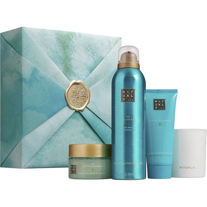 Набір Rituals The Ritual of Karma Medium Gift Set: гель-піна для душу 200 мл + пом'якшувальний скраб для тіла 125 г + зволожуючий крем для тіла 100 мл + ароматична свічка - фото 1