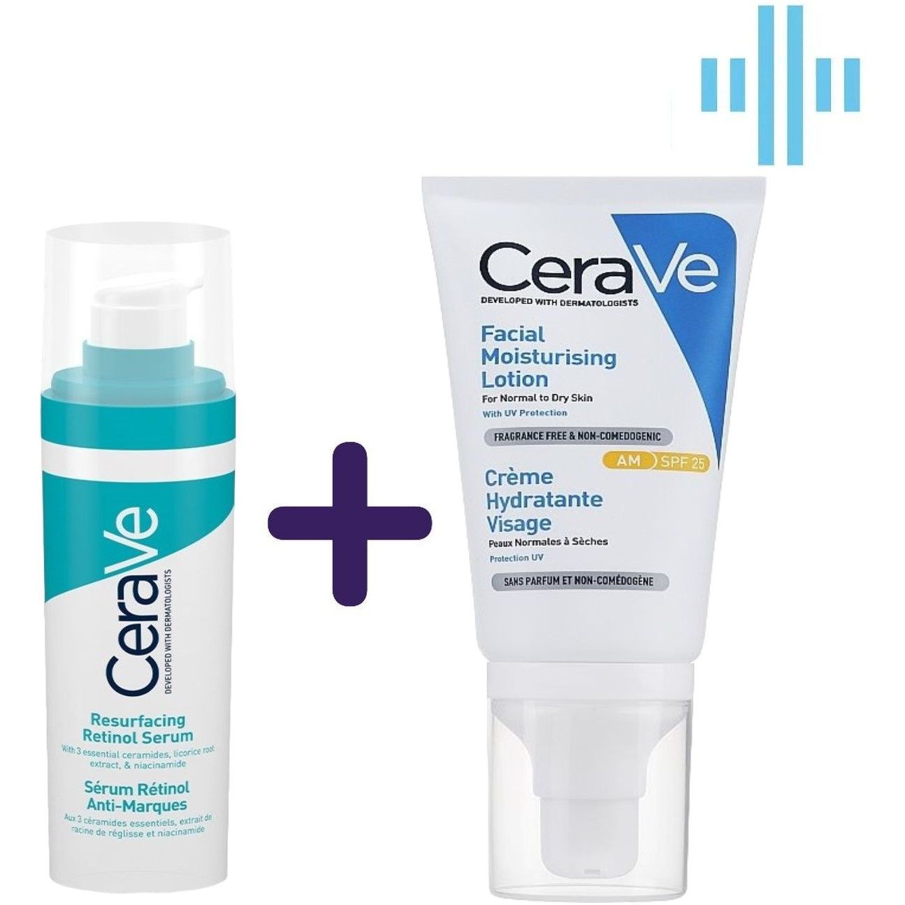 Набір: сироватка з ретинолом CeraVe для вирівнювання текстури шкіри обличчя та зменшення слідів недосконалостей 30 мл + денний зволожуючий крем CeraVe для нормальної та сухої шкіри обличчя з SPF 30, 52 мл - фото 1